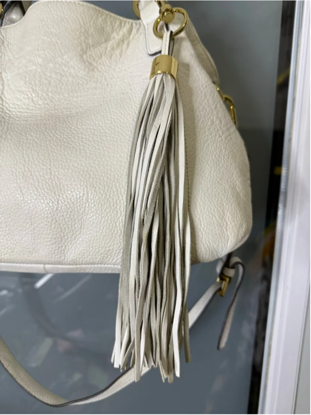 G.I.L.I. Off-White Leather Satchel with Gold Hardware and Leather Tassle